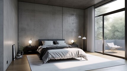 Modern bedroom interior with cement wall, minimalist style, Generative AI