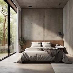 Modern bedroom interior with cement wall, minimalist style, Generative AI