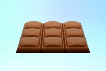 3D rendering of a milk chocolate bar and cubes on a blue background