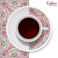 Cup of coffee with colorful ornament on a saucer and vertical seamless floral geometric pattern. Business coffee break concept, interior design background. Isolated coffee cup and plate decor element