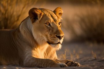 Fototapeta premium Big lion sits in a park in autumn sunny weather at sunset. AI Generated