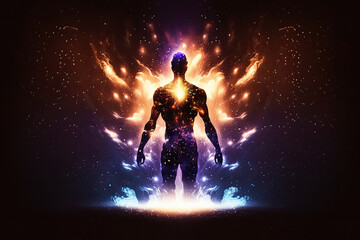 Naklejka premium Сyber space concept of glowing astral body silhouette neural network AI generated art