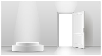 The interior of an empty room with a white wall, an open door and a white podium.
Free space for copying a 3d image.
