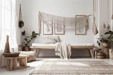 Scandi Boho mockup frame in white room with natural wooden furnishings. Generative AI