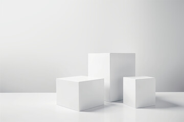 White square podium on white background. Showcase for cosmetic products, goods, shoes, bags, watches. Generative AI.