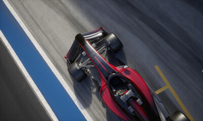 Overhead high angle view of a red modern generic sports racing car driving out from pitlane garage, cinematic lighting. Daytime shot. Realistic 3d rendering - obrazy, fototapety, plakaty