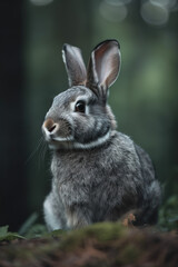 Naklejka na ściany i meble rabbit in the grass, spring, forest, dark, grey