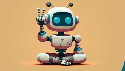 A cute robot sits on the floor and points his finger upwards. Neutral background. Vector style. Space for text. - obrazy, fototapety, plakaty