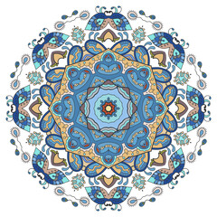 Mandala flower decoration, hand drawn round ornament, isolated design element on a white background. Vector geometric floral pattern. Tribal ethnic fashion motif for paper, textile, cloth fabric print