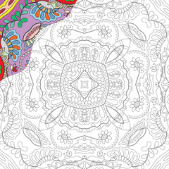 Decorative doodle pattern for coloring book. Hand drawn fantasy line art, floral geometric ornament for painting, coloring page. Tribal ethnic decoration. Black and white with sample of colors