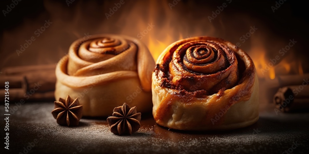Poster conceptual frontal slice of cinnamon bun generative ai