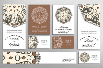 Big set of greeting Cards or wedding Invitations. Postcards template with inscription Make a Wish, Best Wishes, Happy Birthday. Banner, business cards with mandala ornament. Isolated design elements