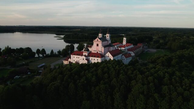 Aerial view of Post-Camaldolese monastery complex at the Wigry lake, during sunset Podlaskie, Poland