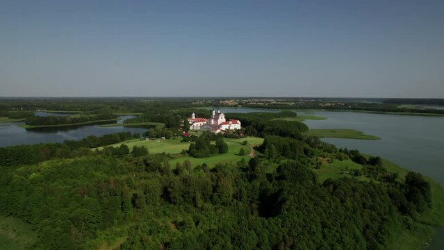 Drone view of Post-Camaldolese monastery complex on the Wigry lake. Summer Time.Podlaskie, Poland