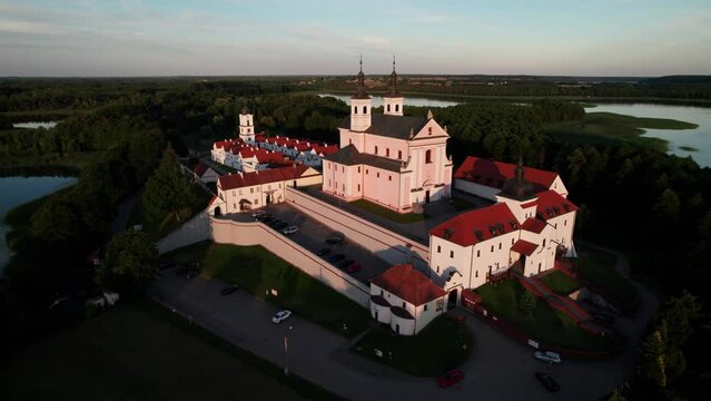 View from above of Church and monastery at Wigry lake during sunset, Podlaskie, Poland
