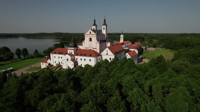 Church and monastery in Wigry on a sunny day. View from above. Podlaskie, Poland