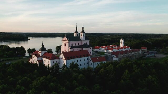 Aerial view of The Post-Camaldolese monastery at Wigry lake, during sunset, Podlaskie, Poland