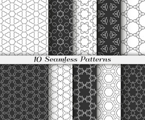 Seamless pattern set in arabic style. Stylish black and white graphic, geometric linear background. Line art texture for wallpaper, card, invitation, fabric print. Ethnic ornament, vector illustration