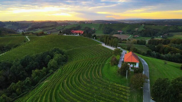Aerial drone 4K footage of wine cottage Malek which lies in the in the hills northeast of Ormož in northeastern Slovenia.
