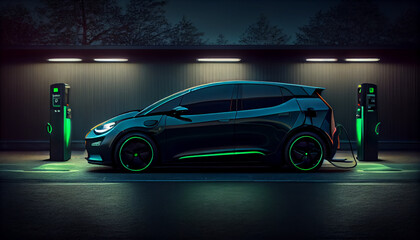 Electric car charging on the station, illustration. Green neon glowing EV vehicle filling up a battery. Modern hybrid