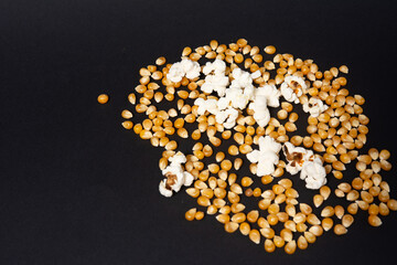 Corn kernels for making popcorn and several pieces of ready popcorn.
