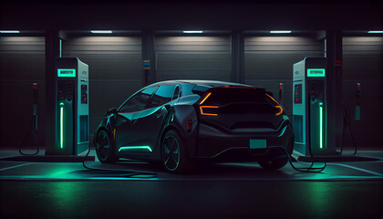 Electric car charging on the station, illustration. Green neon glowing EV vehicle filling up a battery. Modern hybrid - obrazy, fototapety, plakaty