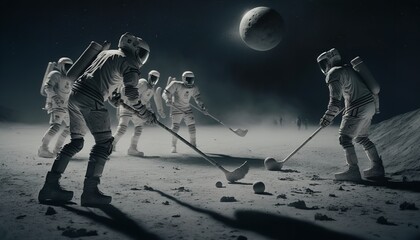 On the moon's surface, an astronaut is playing golf. Generative Ai.
