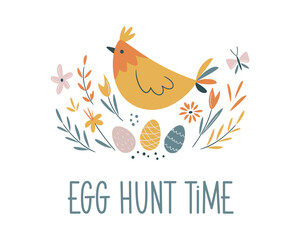 Obraz premium Easter vector card. Hand-drawn design of Spring greeting card. Square card with chicken, flowers and butterfly. Egg Hunt Time hand writing sign