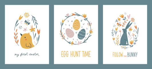 Set of vertical Easter vector cards. Hand-drawn design of Spring greeting card with decorated easter eggs, bunny, chick, flowers and butterfly. Easter hand lettering signs