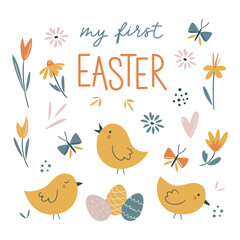 Easter vector card. Hand-drawn design of Spring greeting card. Square card with chicks, flowers and butterfly. My First Easter hand writing sign