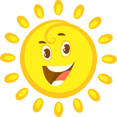 Cheerful sun character with happy face, light rays