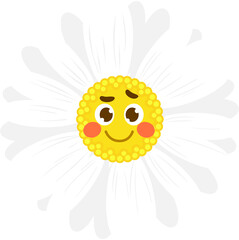 Happy chamomile cartoon character with shy smile