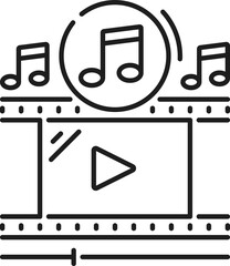 Filmstrip reel, music sound on and play sign icon