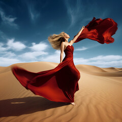 a beautiful woman in a long red dress, desert landscape with blue sky and sand dunes, fictional person created with generative ai