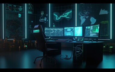 Naklejka premium Futuristic office in dark and blue surrounding.