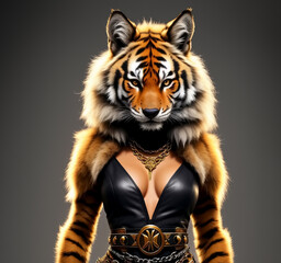 Portrait of lady tiger wearing clothes. Generative AI