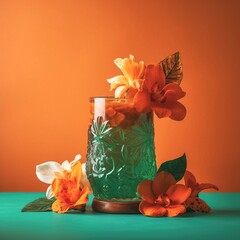 Tropical Oasis: Polynesian Tiki Drink in Ornate Green Glass on an orange Background - Regenerative AI