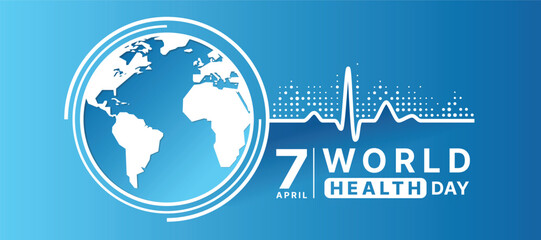 World Health Day - White circle world sign with line heart rhythm wave and dot texture on gradient blue background vector design
