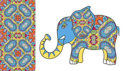 Cartoon elephant lettering illustration and seamless artistic pattern, colorful hand drawn ornament. Cute childish design. Vector doodle background for wallpaper, pattern fills, textile fabric print