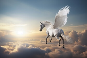 Obraz na płótnie Canvas Majestic Pegasus horse flying high above the clouds. Flight of the Pegasus, generative AI