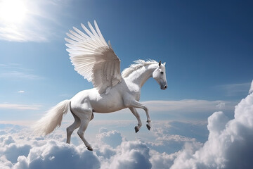 Obraz na płótnie Canvas Majestic Pegasus horse flying high above the clouds. Flight of the Pegasus, generative AI