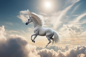 Naklejka na ściany i meble Majestic Pegasus horse flying high above the clouds. Flight of the Pegasus, generative AI