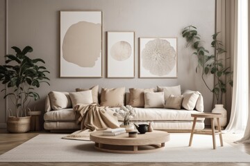 Warm, beige colored home with couch, circular coffee tables, and picture mockup. Generative AI
