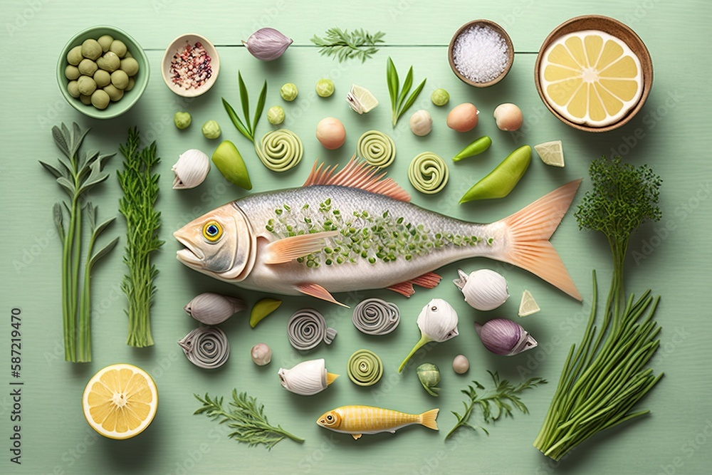 Poster setup of fish and veggies in a flat lay generative ai
