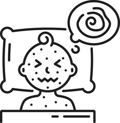 Sick child lying in bed with chicken pox, outline