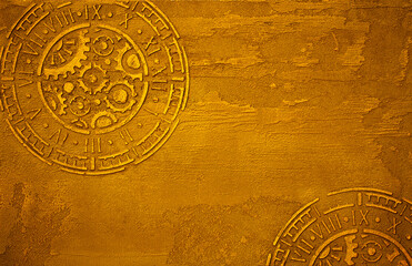 Fototapeta na wymiar Golden background with a pattern of mechanical clocks with gears. Golden wall with abstract spots as a background. Beautiful yellow texture with patterns, decorative plaster.