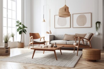Modern living room with two seats near coffee table and home decorating, scandinavian style, empty white wall mockup. Generative AI - obrazy, fototapety, plakaty