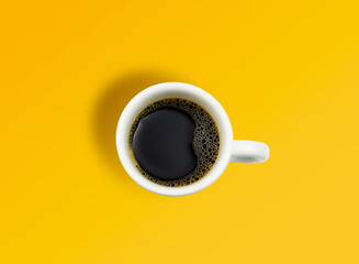 Above view black Coffee on yellow background give refreshment feeling in break time.