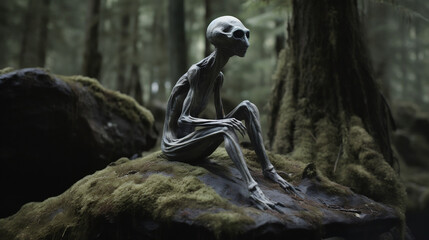 Humanoid alien sitting in a forest photographed. Generative AI.
