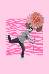 Vertical collage 3d photo poster postcard picture of positive man go date celebrate holiday event occasion isolated on painted background